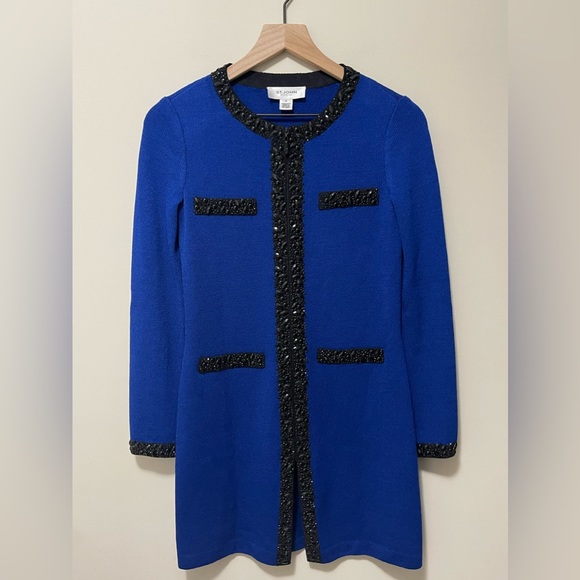 ST. JOHN EVENING Cobalt Blue Wool Black Embellished Jacket Dress - Picture 3 of 10